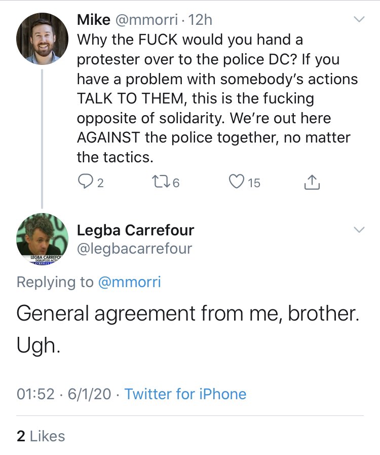 ..Legba Carrefour: Self-proclaimed Anarchist. Was breaking concrete to use as projectiles. He was turned over to police by protestors. Though they aren’t racist, the actions of anarchists are hurting the current protests. 3/7