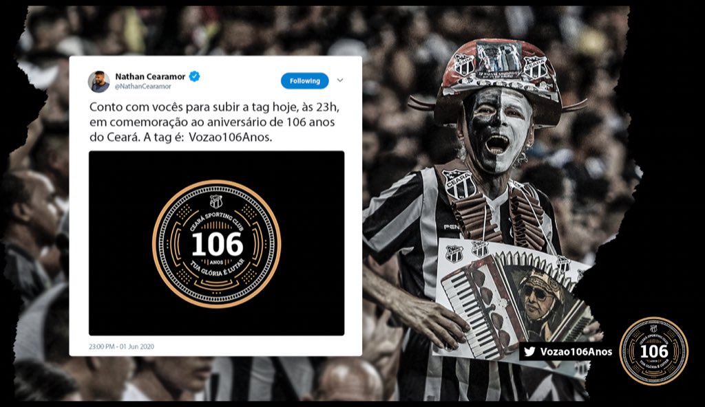 JannaQueirozz's tweet photo. Conto com vocês para subir a tag hoje, às 23h, em comemoração ao aniversário de 106 anos do Ceará. A tag é: Vozao106Anos. https://t.co/n9oM0CCFqD