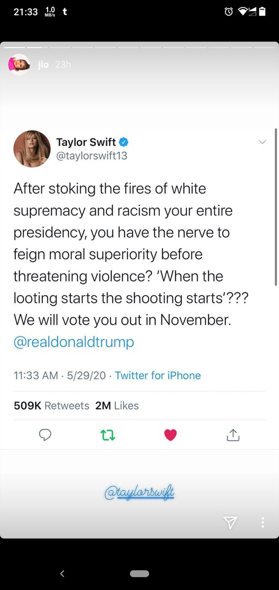 SwiftiesIndia13's tweet photo. Jennifer Lopez shared Taylor Swift's tweet about Donald Trump on her Instagram Story. #BlackLivesMatter https://t.co/z4LWqNvV24