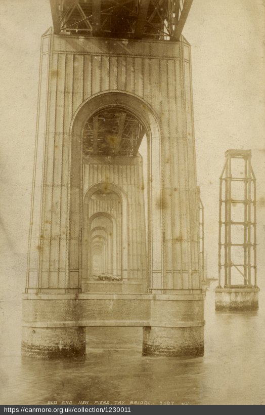 Designed by Thomas Bouch, the first bridge was dangerously flawed. The lightweight lattice design did not take into account the frequent high winds over the Tay. In 1883 a second, replacement bridge was begun. This image shows the contrast in the design of the old & new piers.