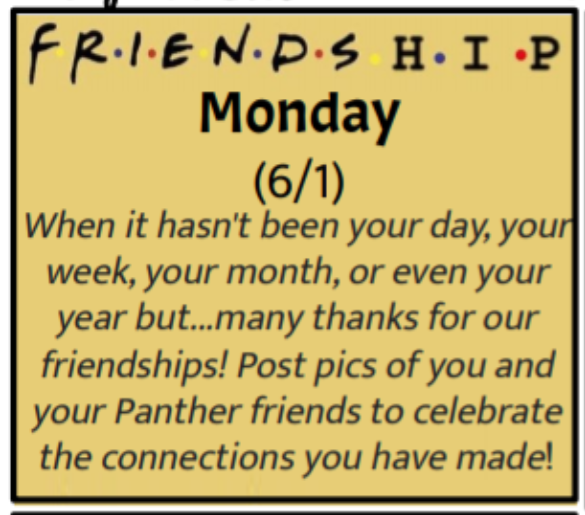 PPBHSstuco's tweet photo. Let's brighten our social media feeds for our last spirit week of the school year!!!  Tag @PPBHSstuco and use #PantherStrong with your posts!!  #friendshipmonday #LetsGoBoro 🖤💛 https://t.co/h2rwCGFhRz