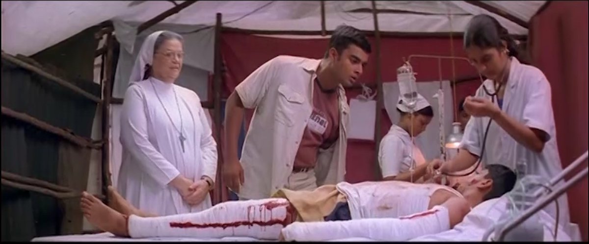  #AnbeSivam There will be a train Accident in the 2nd half. Aras witnesses train accident. He watches the suffering of people. First he was reluctant to donate blood. After seeing the condition of a boy, he donates his blood to save his life.  #KamalHaasan