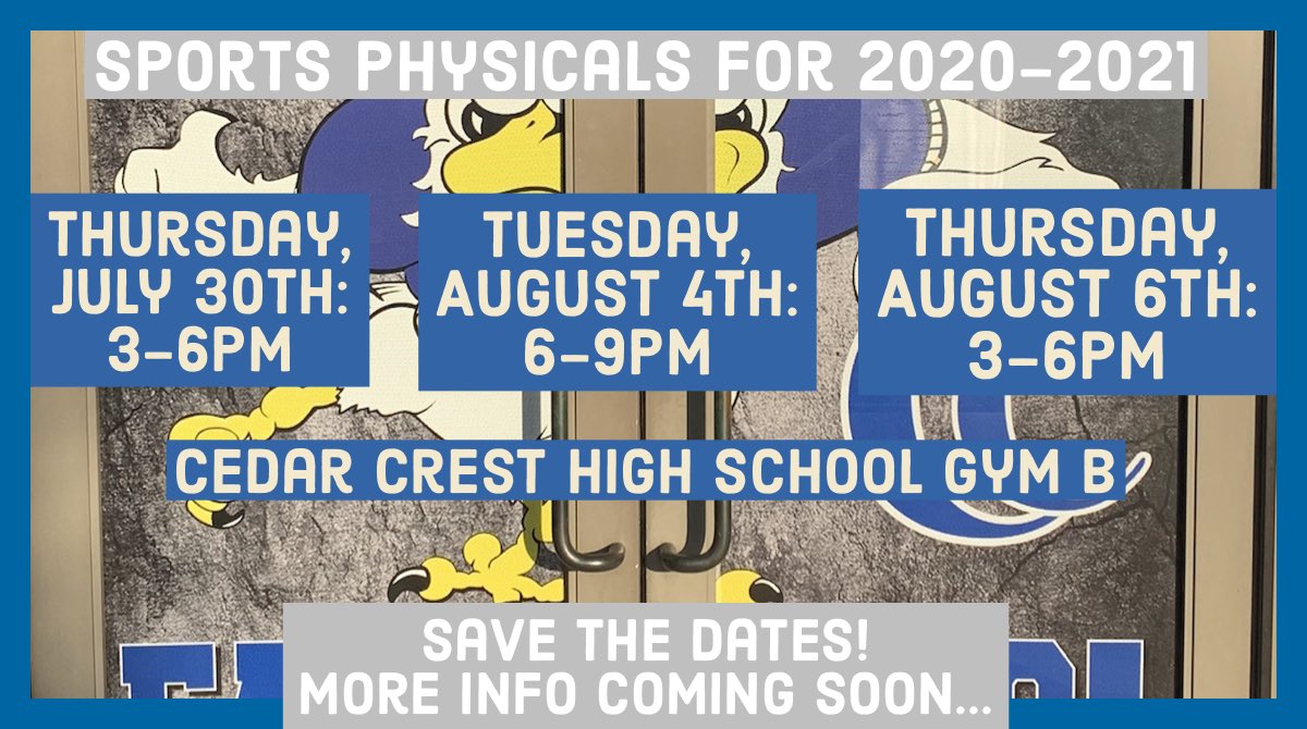 CCHSFalcons's tweet photo. Announcing sports physicals for Cedar Crest High School and Middle School student-athletes! #GetReady https://t.co/0BzumGt7gr
