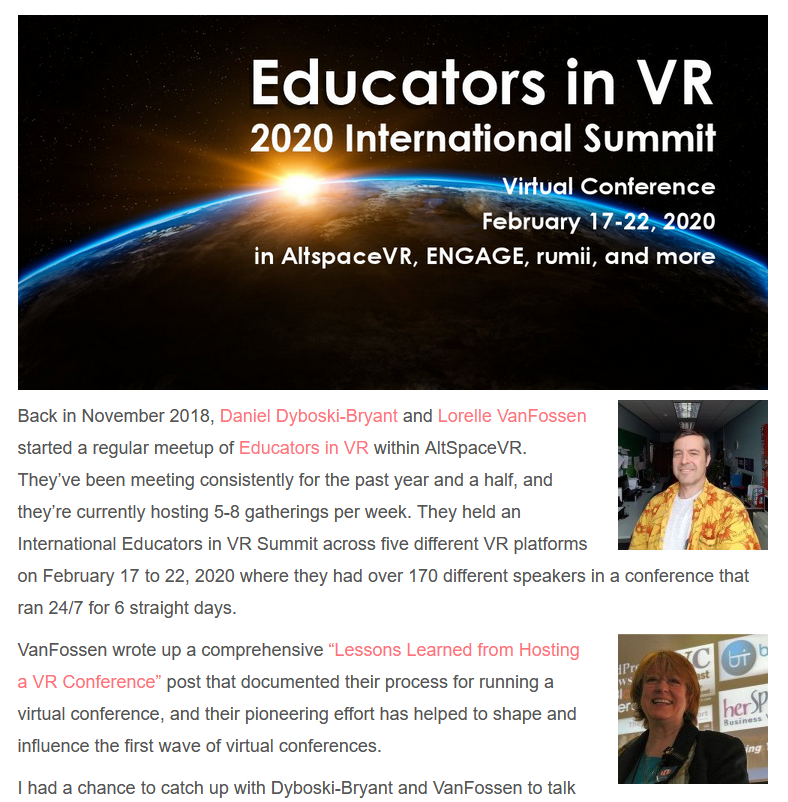 EducatorsVR's tweet image. Getting tremendous feedback from interview with @kentbye of Voices of VR podcast on #virtualconferences #vrclasses and #vreducation. Thank you to all, especially Kent. &amp;lt;3 bit.ly/3crL8n7