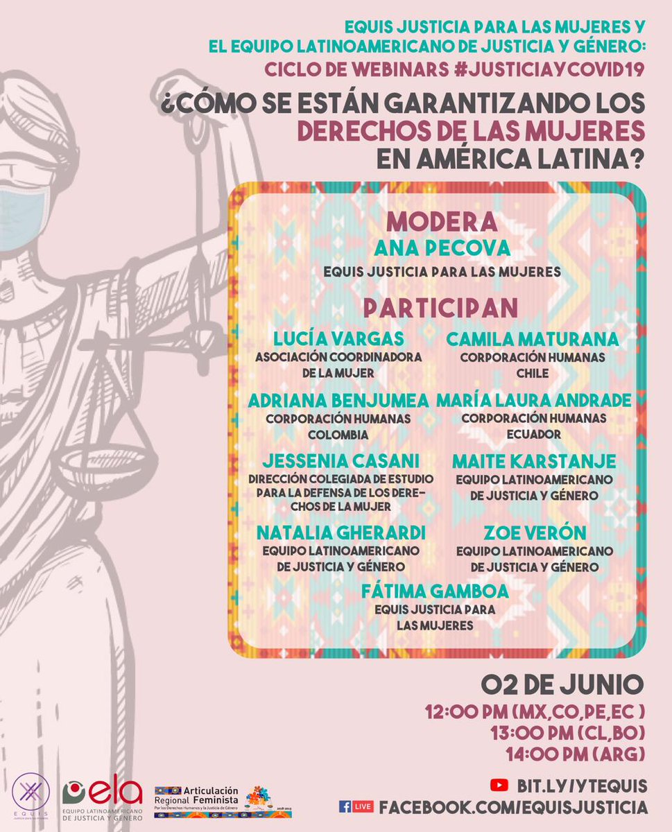 [AGENDA] Webinar #JusticiaYCovid19
Organizaciones reunidas en <a href="/ArticulaFem/">ArticulaFeminista</a> estaremos participando junto a <a href="/EquisJusticia/">EQUIS Justicia para las Mujeres</a> <a href="/EquipoELA/">ELA</a> <a href="/HumanasColombia/">Corporación Humanas</a> <a href="/CoordinadoraBO/">Coordinadora BO</a> <a href="/HumanasEcuador/">Humanas Ecuador</a> en ¿Cómo se están garantizando los derechos de las mujeres en América Latina? Más info ⬇️