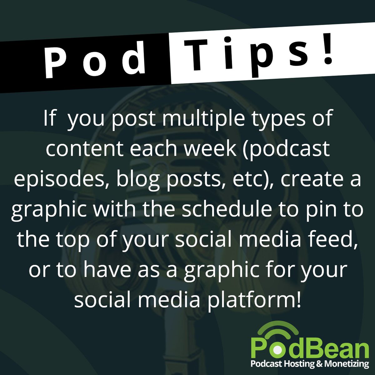 podbean's tweet photo. Here's a Pod Tip coming at you: if you post multiple types of content (podcast episodes, blog posts, etc) a week, create a graphic with your schedule to post to social media!
#podcast #podcaster #podcasting #podcasts #podcasters #podcasttips #podtip https://t.co/Ovv6m4eMig