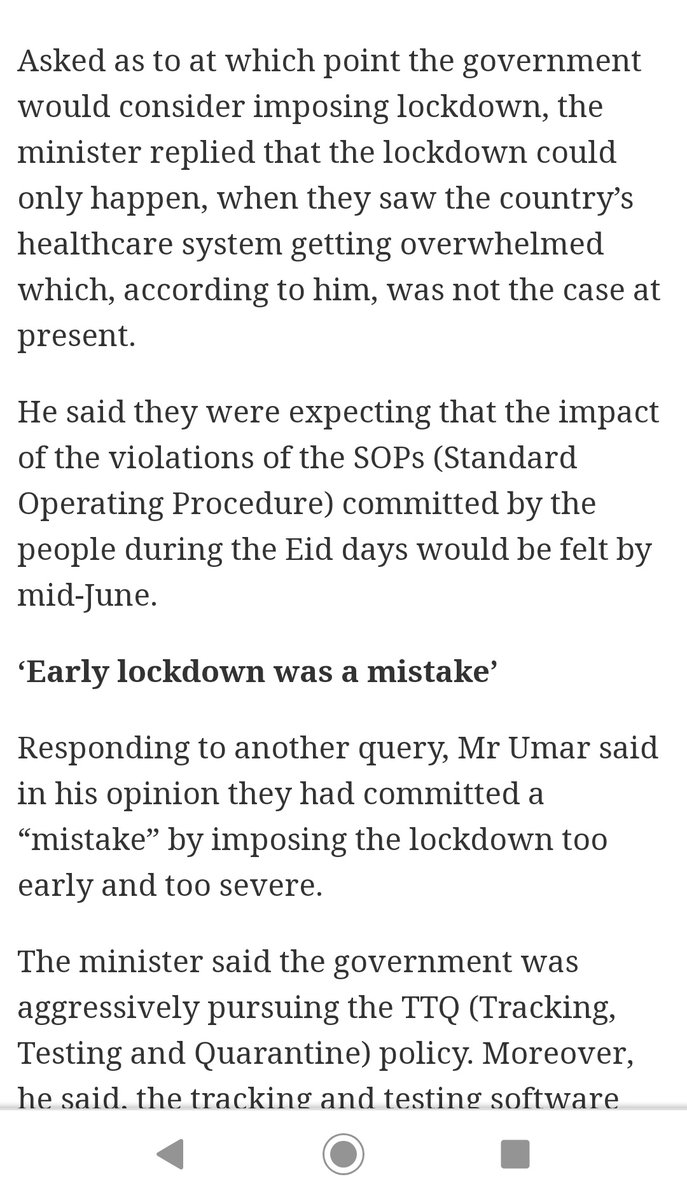 This explains why PTI's entire response is so jumbled. They seem to believe the main measure that can contain the virus - social distancing - is only meant to be imposed when the health system is close to complete collapse. This is what Asad Umar said about lockdowns *today*.