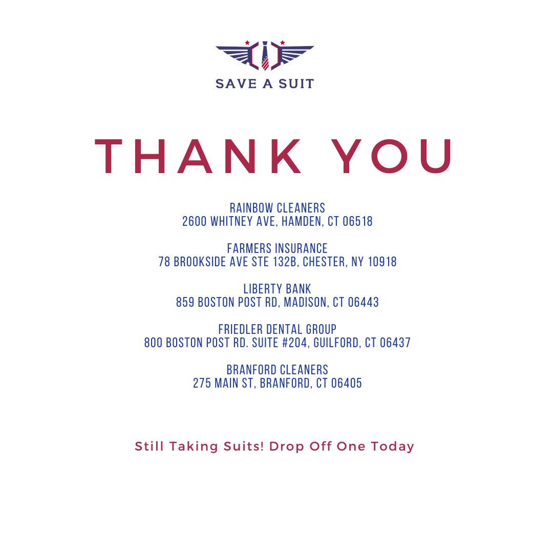 Thank you to the 5 local businesses that are continuing to accept suits and act as drop-off locations.  Make sure to call these locations, or our Bethel office, to learn about their safety procedures and then stop by to donate.    #veteransupport #shoplocal #giveback