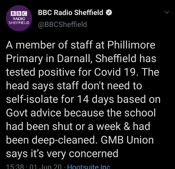 DPACSheffield's tweet image. This is very worrying and our thoughts are with the member of staff concerned. 

It's far too soon to reopen schools, the virus is simply too prevalent. 

Stay at home. 

#NotMyChild #JuneTooSoon