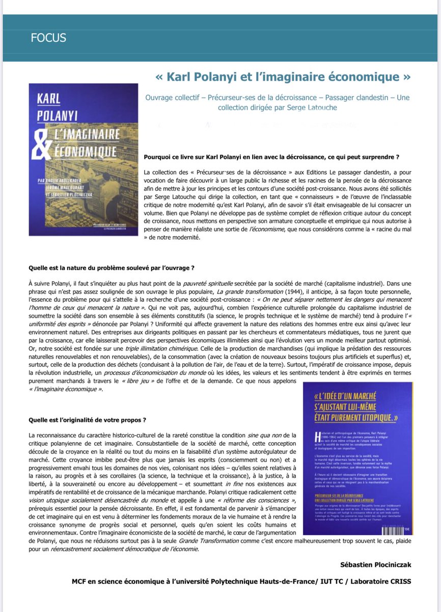 « Karl Polanyi et l’imaginaire économique » (2020) : l’originalité de notre propos et le problème de l’ouvrage abordés dans le contexte actuel en lien avec la décroissance ici résumés. Grand merci au laboratoire #CRISS pour la jolie mise à l’honneur. #Décroissance <a href="/jpmaucourant/">Jérôme Maucourant</a>