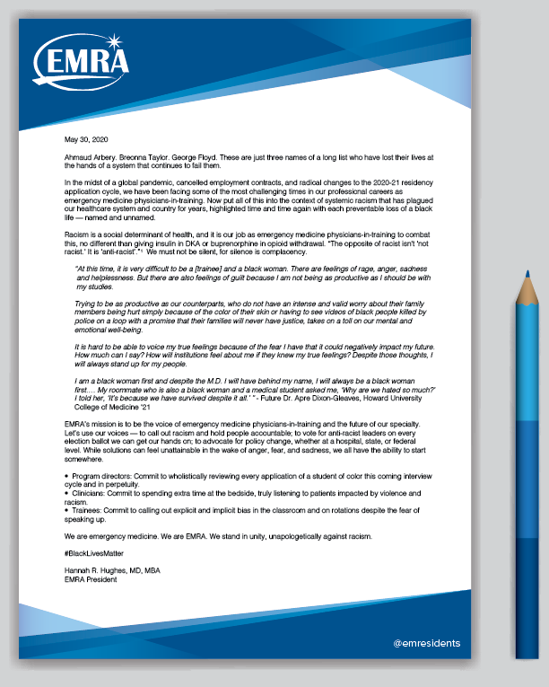 Racism is a social determinant of health, and it is our job as emergency medicine physicians-in-training to combat this. 

We are EMRA. We stand in unity, unapologetically against racism. Read a message from EMRA President <a href="/hrh_approved/">Hannah R. Hughes, MD, MBA (she/her)</a> 👉bit.ly/EMRA-Unity