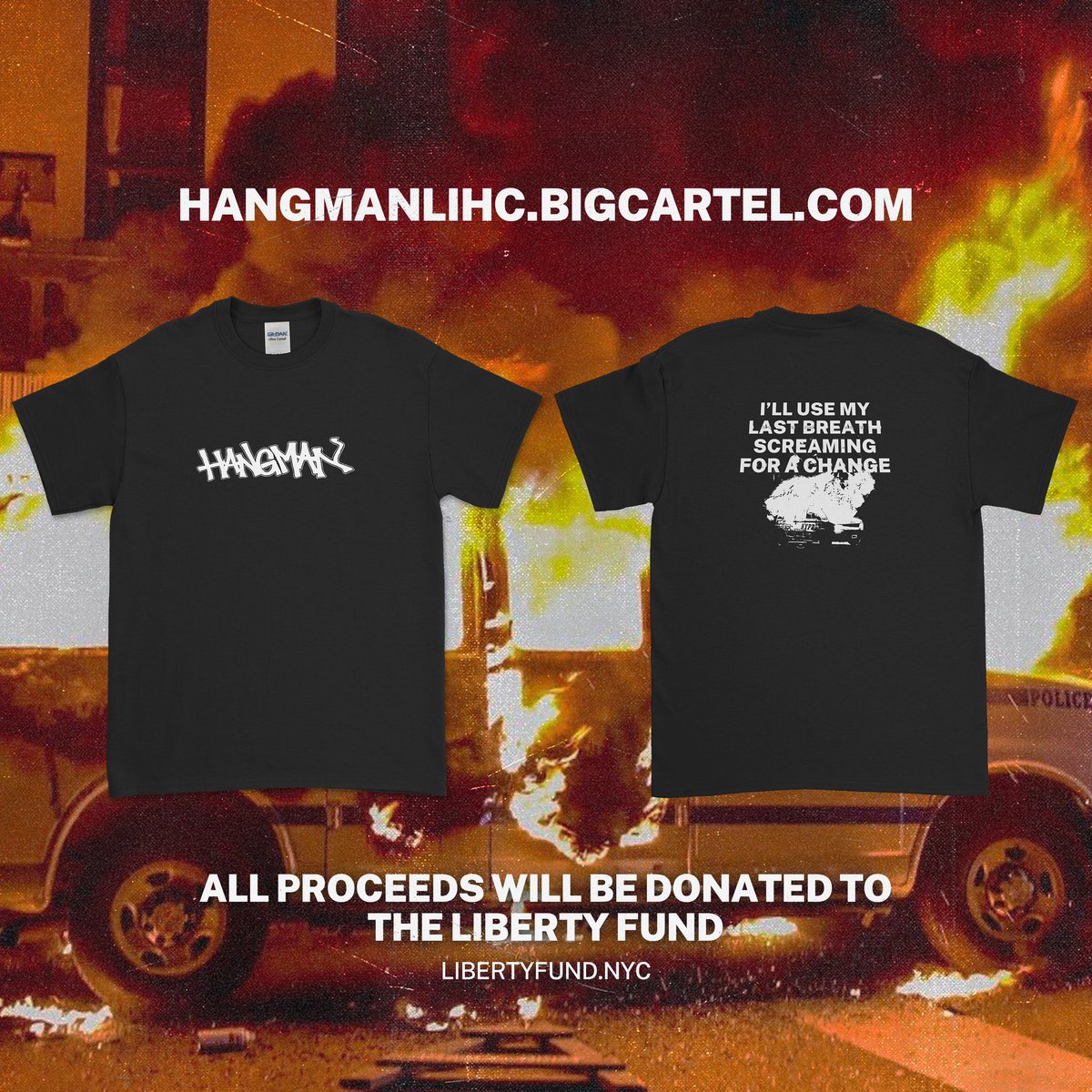 A lot of demonstrations and wrongful arrests in NY this week. All proceeds go to The Liberty Fund. 
Hangmanlihc.bigcartel.com