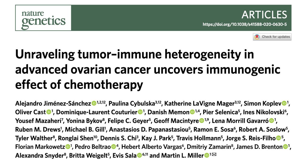 Thrilled to share our new Nature Genetics paper on immunogenomics of ovarian cancer! We show ubiquitous tumour-immune microenvironmental variability and we uncover an unanticipated immunogenic effect of chemotherapy. Fantastic collaboration with Weigelt, Snyder and @EvisSala !
