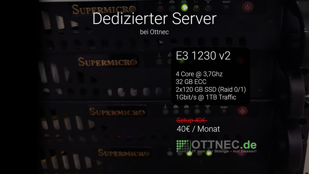 ottnec's tweet photo. #Dedizierter Server für nur 40€/Monat. Heute entfallen die Setupgebühren für den #Server. Bereitstellung binnen 4 Tage. Inkl. 1TB Traffic, 1x IPv4, 1Gbit/s, DDoS Protrection bei #Combathon. https://t.co/YVcgUhEmM2