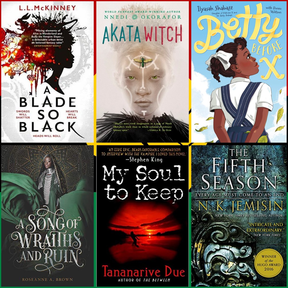 LA_Knight89's tweet photo. Time for 190 books by Black authors !

A Blade So Black - LL McKinney

Akata Witch - Dr. Nnedi Okorafor

Betty Before X - Ilyasah Shabazz 

A Song of Wraiths &amp; Ruin - Roseanne A. Brown

My Soul to Keep - Tananarive Due 

The Fifth Season - NK Jemisin 

1/ https://t.co/Te3PZUY6MB
