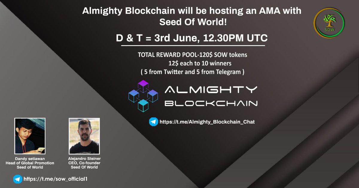 almighty_block's tweet photo. Hello &amp; Namaste 🙏

📣  Almighty Blockchain will host an AMA with @SeedofWorld1 on 3rd of June at 12.30PM UTC in https://t.co/lwMY6D3cBC 💻👩‍💻

🔸 Follow- 
@SeedofWorld1
@Almighty_Block 
🔸 Like + Retweet
🔸Comment your Question below + Tag 3 friends https://t.co/bHXoVRLLBF
