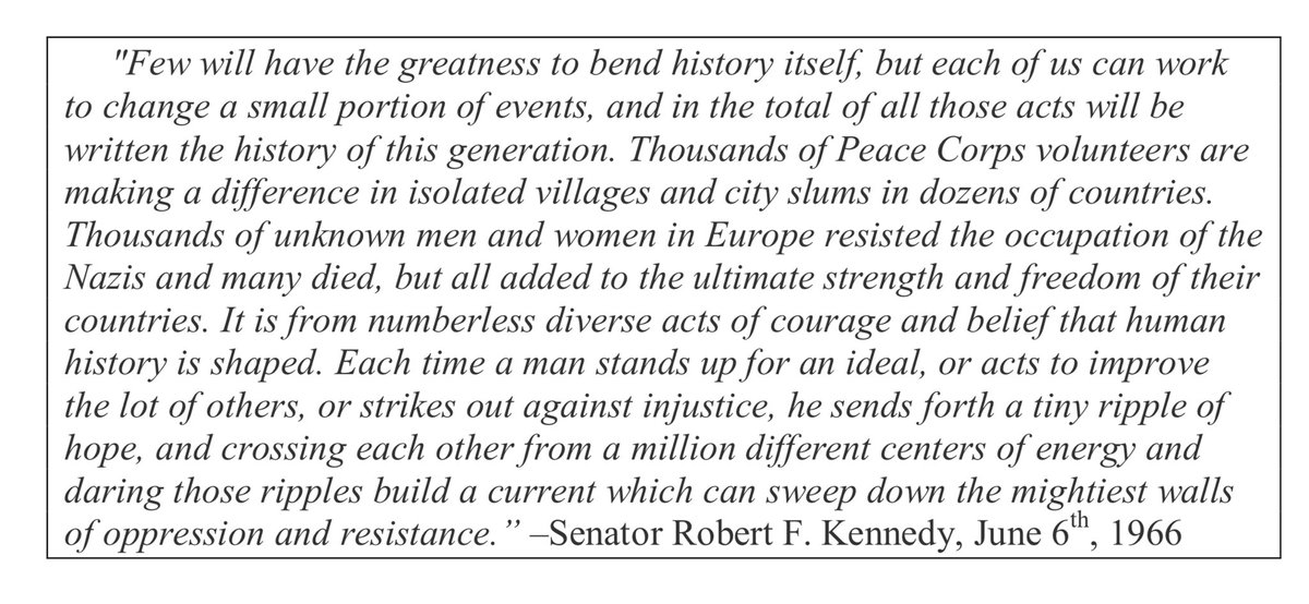 Coach Taylor, thank you for sharing these powerful words.  The world needs more leaders like you.  Your call for change reminds me of RFK’s “Ripple of Hope” speech (excerpt below).  His words are specially relevant today.
God bless you!
