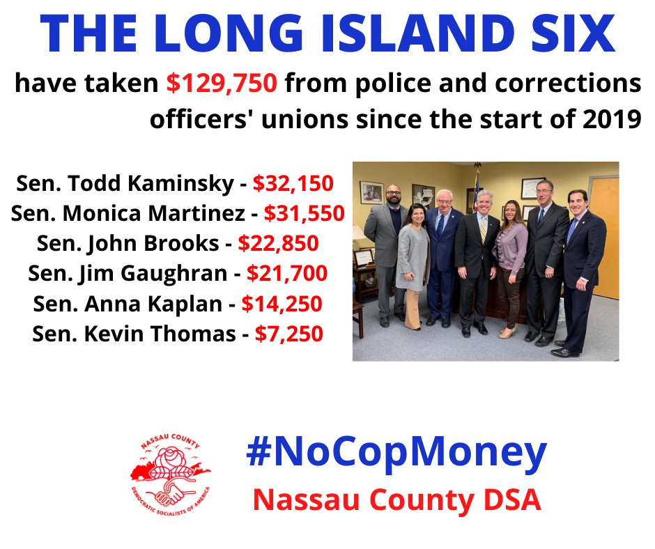 Despite promising progressive reforms in Albany, the Long Island Six stand in the way of legislation that would curb police violence. Maybe it’s the $129,750 in police and correction officer donations to their reelection campaigns?  #NoCopMoney  http://bit.ly/NassauNoCopMoney