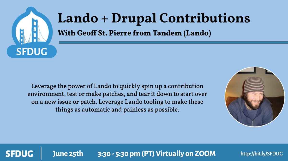 devwithlando's tweet image. Come virtually visit the beautiful bay area and learn how to leverage Lando for Drupal Contributions. #sfdug; #drupal; #lando;