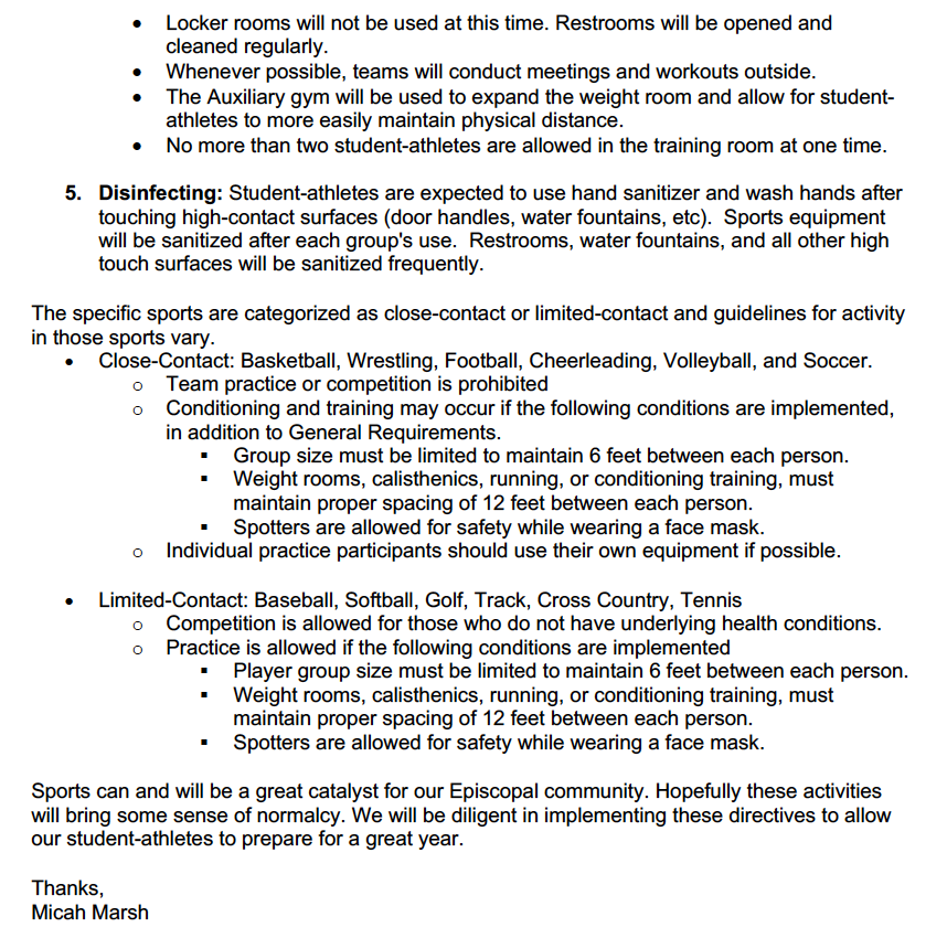 SportsEpiscopal's tweet photo. Parents and Students: Swipe to see the letter from Coach Marsh regarding our plans for summer athletic workouts.
#runwild #episcopalcollegiate #episcopalwildcats https://t.co/1bj1SKJHrf
