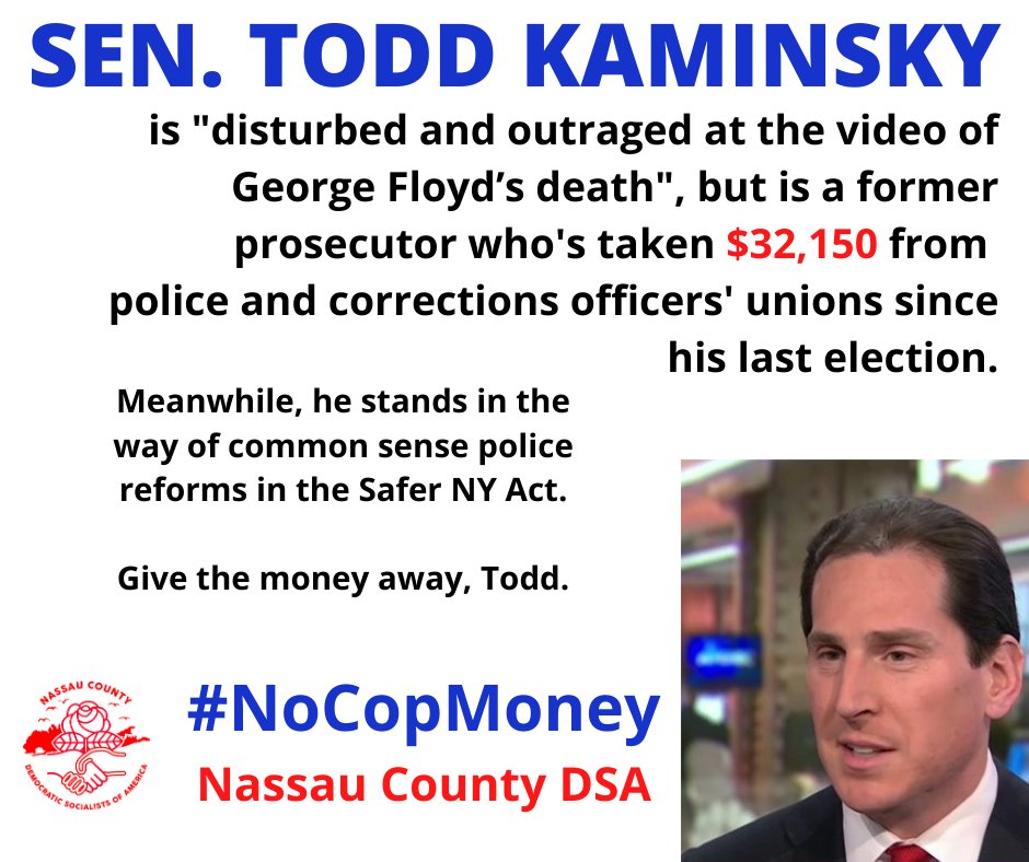 . @toddkaminsky (SD-9) has taken $32,150 from police and correction officer organizations this cycle https://twitter.com/toddkaminsky/status/1265739921756770304?s=20