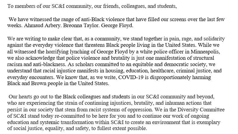 My colleagues and I on the Diversity Committee at <a href="/RutgersCommInfo/">Rutgers School of Communication and Information</a> wrote a statement of solidarity regarding the worldwide uprisings and protests of the killing of #GeorgeFloyd and so many others. #BreonnaTaylor 

I hope you check it out.
