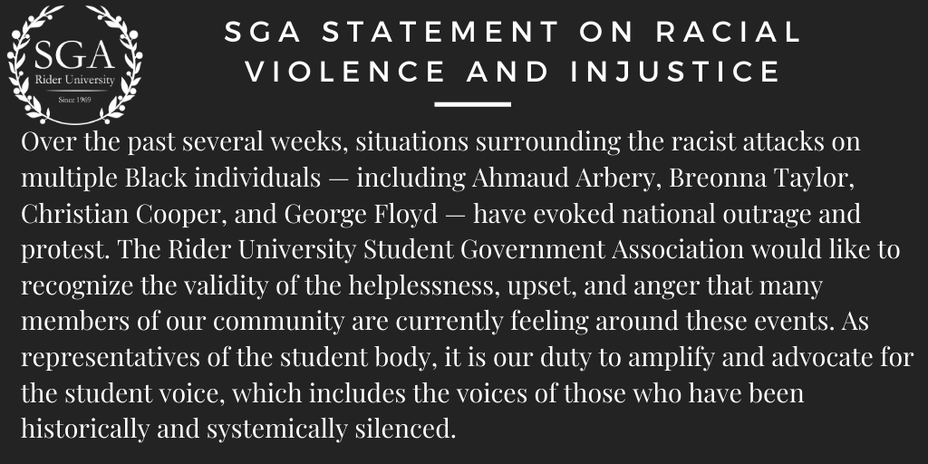 RiderSGA's tweet photo. Student Government Association Statement on Racial Violence and Injustice https://t.co/076V3hkxiK