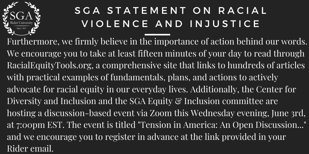 RiderSGA's tweet photo. Student Government Association Statement on Racial Violence and Injustice https://t.co/076V3hkxiK