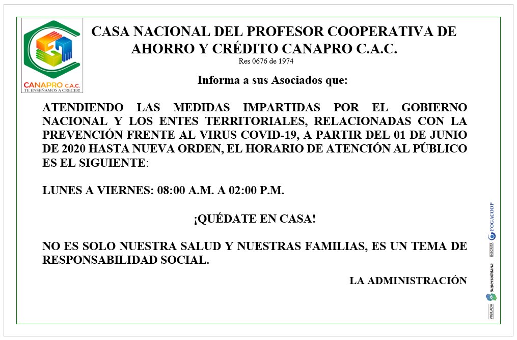 HORARIO DE ATENCIÓN A PARTIR DEL 01 DE JUNIO DE 2020 HASTA NUEVA ORDEN