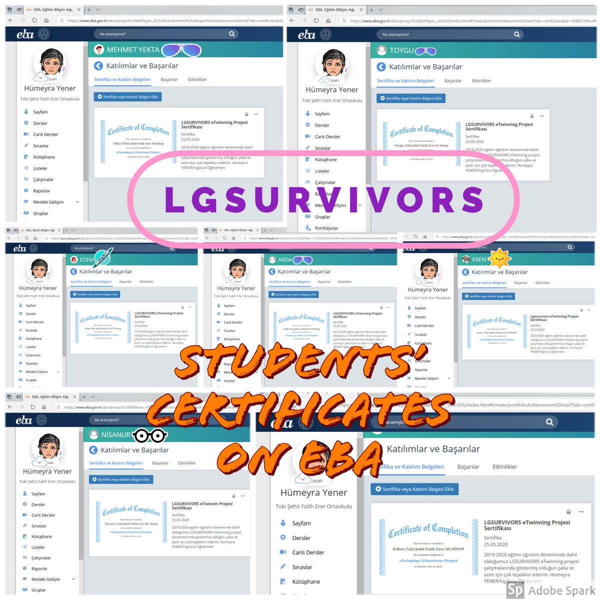 Öğrencilerimizin sertifikalarını EBA protfolyo sayfasında paylaştım.Bir projenin daha sonuna gelindi. Emeği geçen herkese çok teşekkürler. Güzel bir ekip çalışması çıkardık
<a href="/lgsurvivors/">lgsurvivors</a> <a href="/Gulfidan_Aydn/">Gülfidan Aydın</a> <a href="/EmineYDicle/">Emine Yıldız Dicle</a>