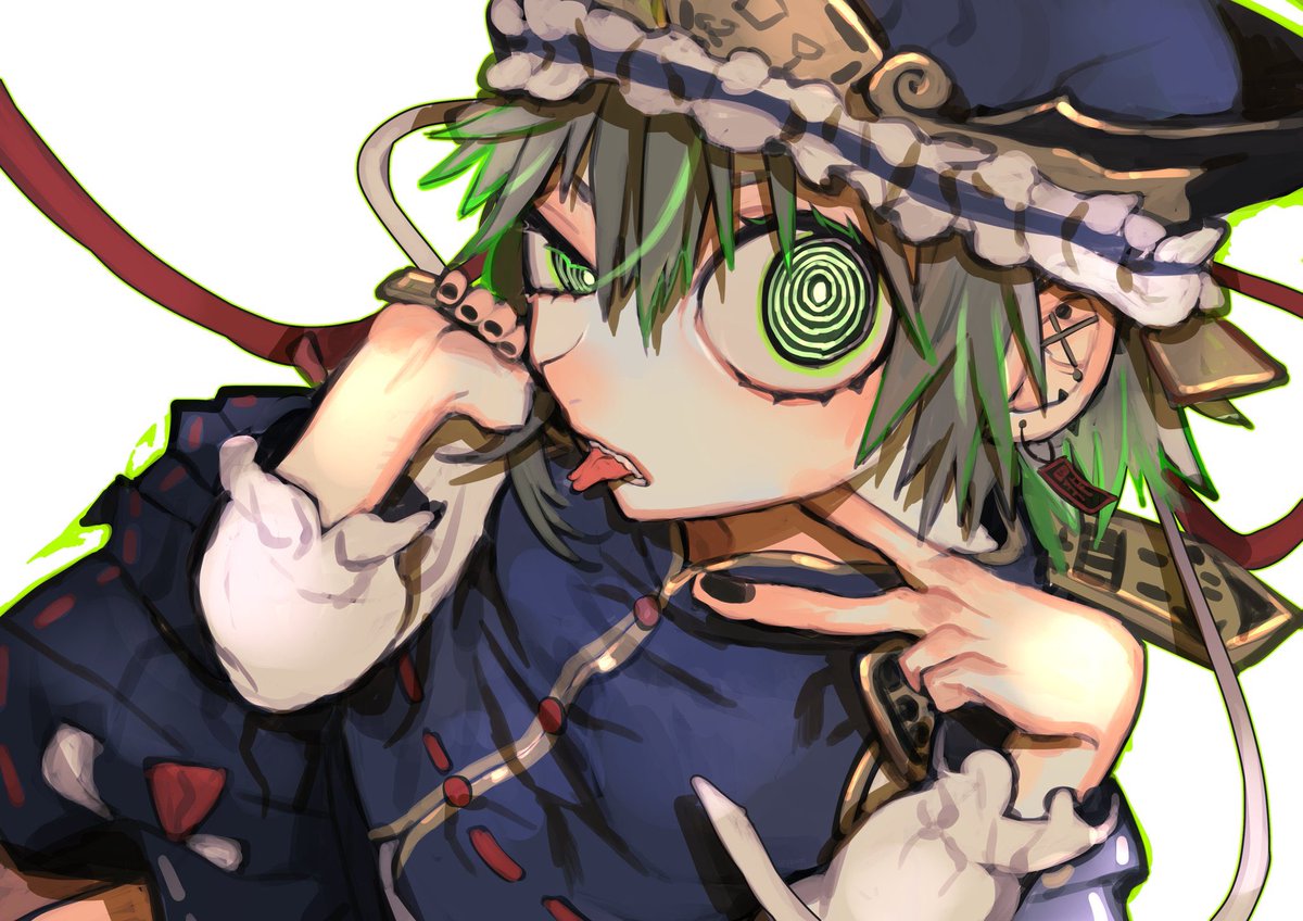 shiki eiki 1girl solo green hair hat green eyes tongue black nails  illustration images