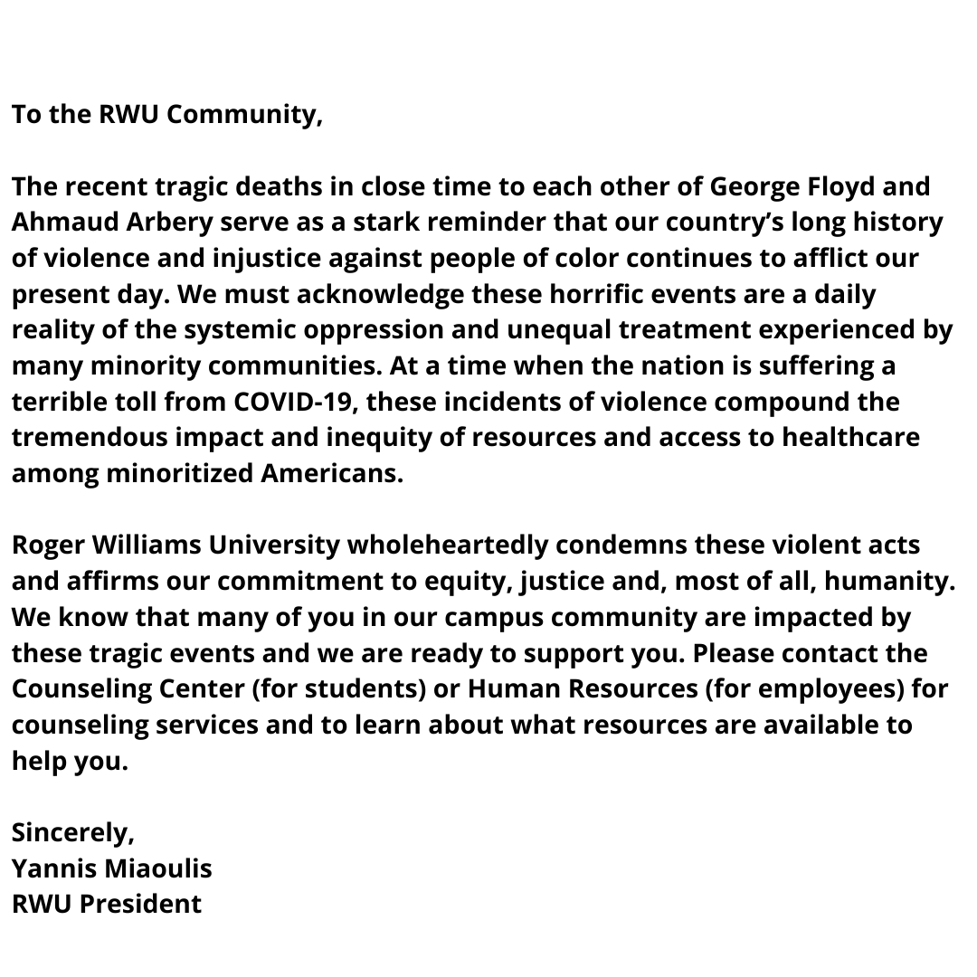 A message from RWU President Yannis Miaoulis: