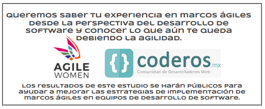 Buscamos personas que desarrollen software y que estén trabajando bajo marcos ágiles para compartir y nutrir sobre el estado de la agilidad, desde la voz de quienes están en la línea de fuego. @agilewomen y @coderosmx te invitan a participar  buff.ly/3gw5Sh6