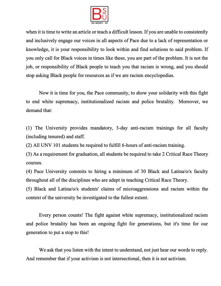. @BSU_Pace is calling for mandatory anti-racism trainings for all faculty and staff. They say all students should be required to take 6 hours of anti-racism training and 2 critical race theory classes. They want investigations of microaggressions
