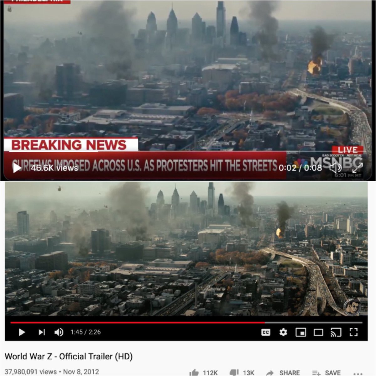 TimSeeksTruth's tweet photo. MSDNC [knowingly] using fake footage?

MSDEN pushing [AMERICA ON FIRE] narrative?

Why?

ENEMY OF THE PEOPLE.

#EnemyOfThePeople 
#FakeNews 

Welcome to the land of their Make-Believe
#DontBelieveIt
#ResearchForYourself
#ThinkForYouself
#LogicalThinking
#WeAreTheNewsNow 
#WWG1WGA https://t.co/k4cxfD9nyf