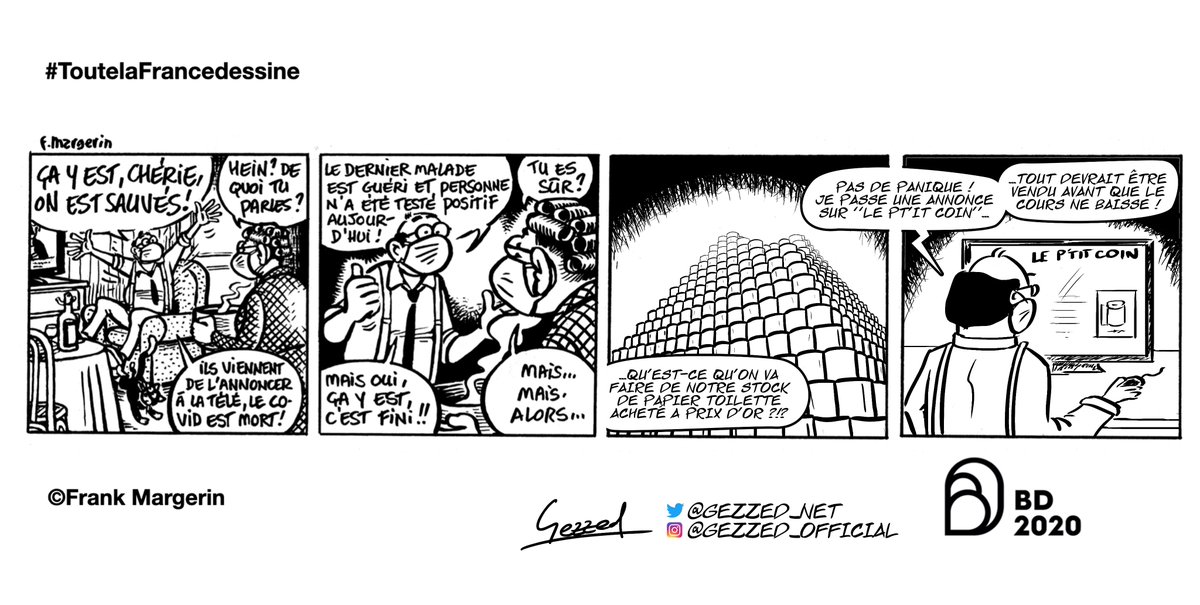 gezzed_net's tweet photo. Neuvième volet de #Toutelafrancedessine @2020anneeBd
Sur la base des 2 cases de Frank #Margerin
Avec un clin d'oeil au strip d'@AtticusSidis de la première semaine !
Après la #crisesanitaire, anticipons la #crisefinanciere :)
@2020annéeBD #CultureChezNous #papiertoilette #pq https://t.co/zXFevwHKNR