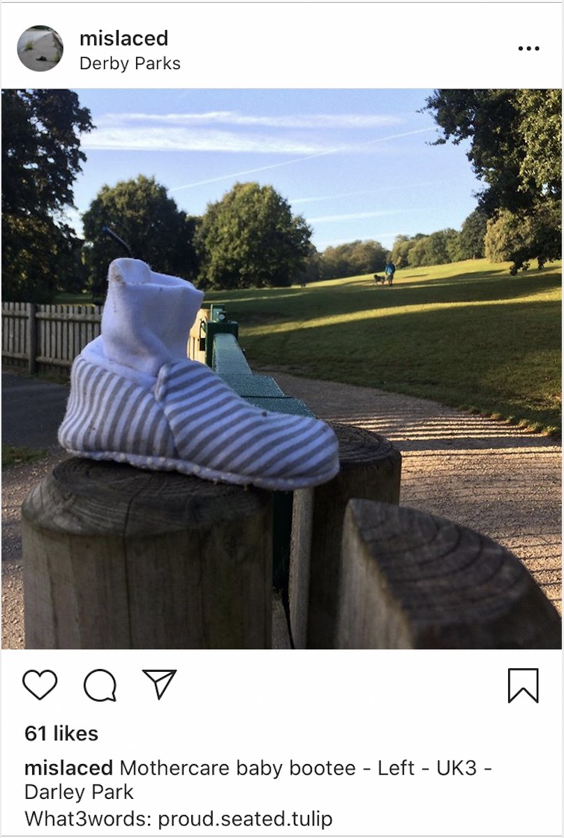 instagram account photographs missing shoe describing its location as ///proud.seated.tulip