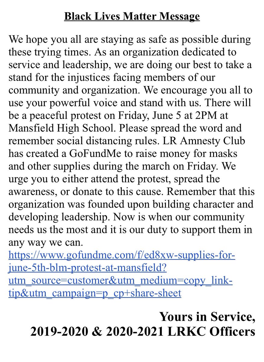 LRKeyClub's tweet photo. Message from our officers! This is not a required event and it is not hosted by LR Key Club, but we would like to support our community and our friends in the MHS Black Student Association, as our Key Club pledge asks us to do. Check remind for the link. - Mrs. S. https://t.co/DKhCsQ5pwX