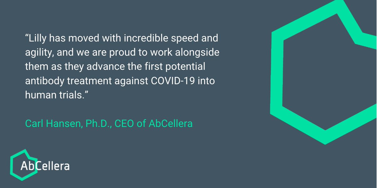 AbCelleraBio's tweet photo. Our partner @LillyPad announced that our lead #antibody candidate has entered clinical trials for the potential treatment of #COVID19. Thank you to our teams and partners who have worked tirelessly to go from patient sample to clinical trial in 3 months.

https://t.co/xV4TNViMg8 https://t.co/9AxOQi80k8