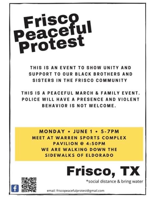 FriscoPD's tweet photo. Frisco PD is actively working with event organizers to assure the safety for both the community and those exercising their first amendment right to peaceably assemble.  We echo this event's call for peaceful demonstration, and any violent behavior will not be tolerated. https://t.co/xmeUB8V0LP