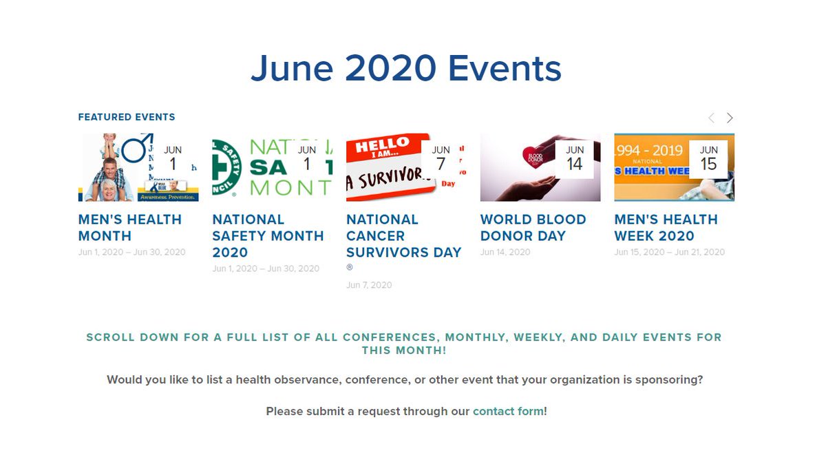 PublicHealthMap's tweet photo. What's Happening in June 2020?
Selected #HealthObservances:
* Alzheimerโs awareness
* Menโs health
* Safety & injury prevention
* Hazards of rip currents
* Lightning safety
* Mosquito control
* Cancer survivors
* HIV testing
https://t.co/C6jXsToOC2
#PublicHealthMaps https://t.co/iYt9s085gh
