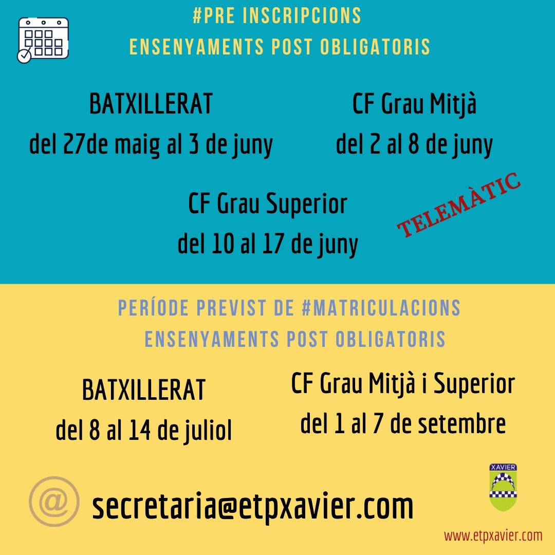 etpxavier's tweet photo. 📢Us recordem les dates de preinscripció de #Batxillerat i #CiclesFormatius. 
👉Batxillertat del 27 de maig al 3 de juny
👉Cicles de Grau Mitjà del 2 al 8 de juny
👉Cicles de Grau Superior del 10 a 17 de juny
Més informació https://t.co/QoIUBVdFSb
Si tens dubtes 📞93.319.17.00 https://t.co/iPOrzJ5pYG