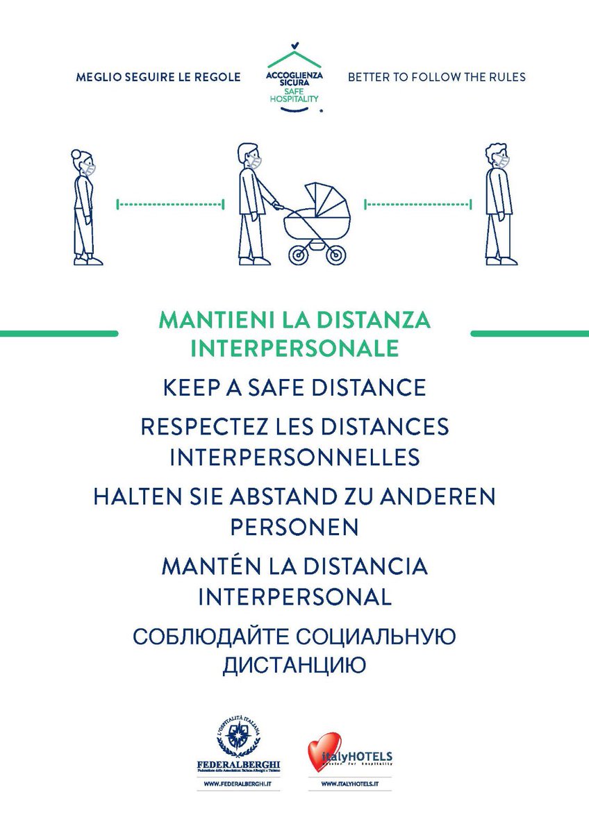 federalberghi's tweet photo. Le linee guida delle Regioni invitano a rammentare le misure di prevenzione da Covid-19 con indicazioni anche in lingua straniera.

Presso le associazioni aderenti a Federalberghi sono disponibili i cartelli in lingua inglese, francese, russa, spagnola e tedesca.

#soloperisoci https://t.co/92MAjfCn80