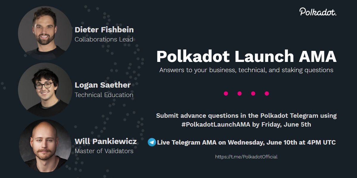 Polkadot's tweet photo. Polkadot's launch is under way, and the team will host an AMA next Wednesday to answer all of your business, technical and staking questions.

Post your questions in advance on TG using #PolkadotLaunchAMA until the end of Friday. Swag prizes for 10 ppl!

https://t.co/BvEXA28ylO https://t.co/wKe9nmjUIs