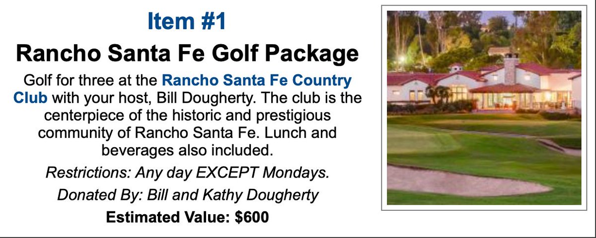 DelMarRotary's tweet photo. You can now start bidding on our auction items! 🏌️⛳️ The first item we want to highlight is a Rancho Santa Fe Golf Package. You can bid for this item and more on the fundraising website, https://t.co/Cj1fTCESHz. #RotaryInternational #Rotary #RanchoSantaFe #Golf #fundraiser https://t.co/NLLgVWpFLw