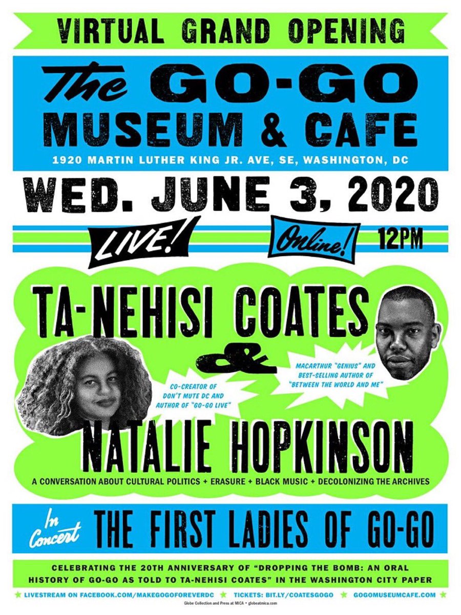 Don’t miss Ta-Nehisi Coates and @NatHopkinson in conversation this Wed. at 12PM to mark two decades since “DROPPING THE BOMB: An Oral History of Go-Go” and to discuss cultural politics and erasure online at facebook.com/MakeGoGoForeve…. #DontMuteDC