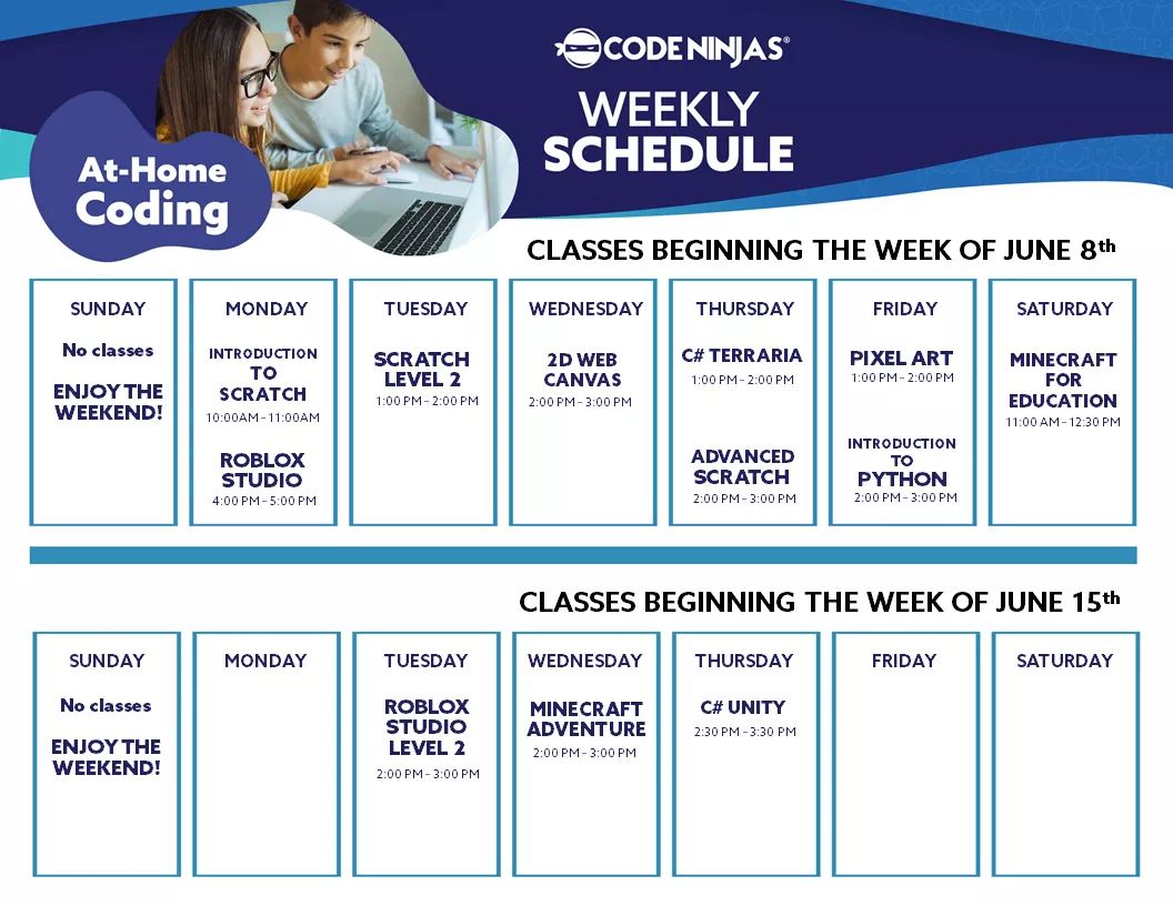 codeninjassc's tweet image. Second Round of Code At Home!!🤖🏠
We are excited to say we are continuing our second 4-week session of our Code At Home online training courses!
Starting the week of June 8th!
REGISTER TODAY!!👇👇
bit.ly/CodeAtHome_CNSC
#kidswhocode #virtualcoding #codinglife