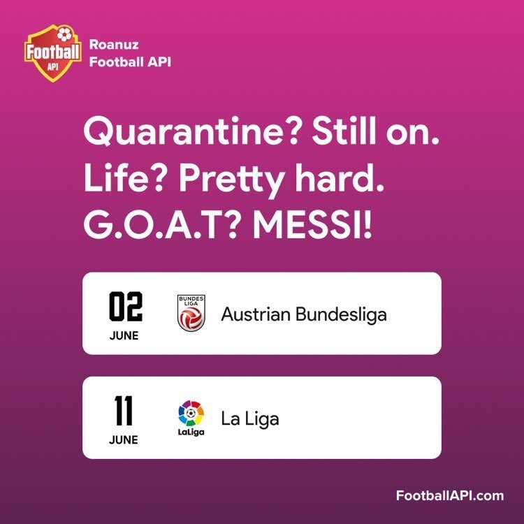 Get real-time data such as fixtures, squad, starting XI, points table, Stats and fantasy points footballapi.com #api #BundesligaIsBack #LaLiga #100DaysOfCode #code #data #sport #programmer #Nodejs #json #football #developer #ai #ArtificialIntelligence #pythonprogramming