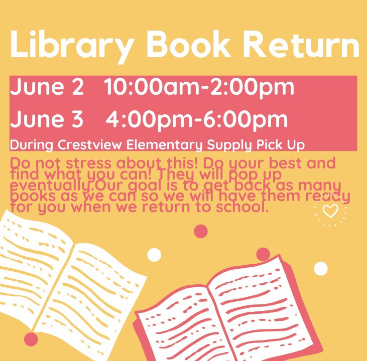CrestviewLib's tweet image. We will begin collecting library books tomorrow during supply pick up. Please do not stress if you cannot locate them at this time. They will show up eventually! Our goal is to get as many as we can so we have them ready for check out when we return. ❤️