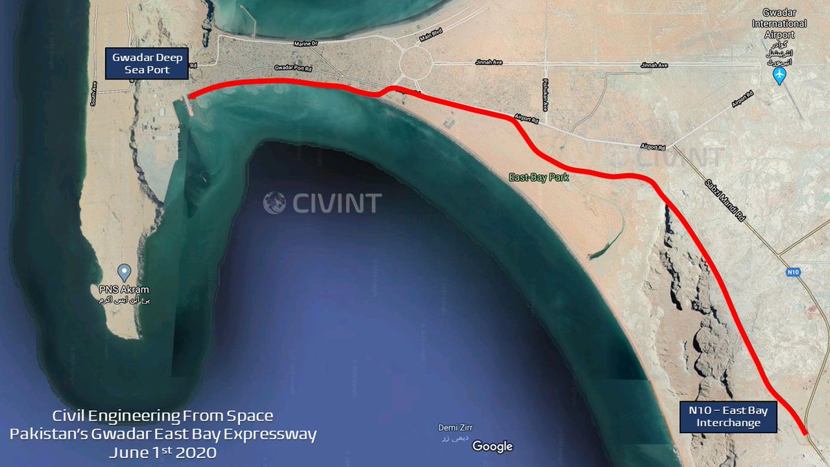 Civil_Int's tweet photo. THREAD - 1. #Civil_Engineering From Space - The 19 km Gwadar East Bay Expressway in #Pakistan. Under the China–Pakistan Economic Corridor (CPEC), the 6 lanes road will connect N10 National Highway (Makran Coastal Highway) with Gwadar Free Zone and Gwadar Port. #CIVINT https://t.co/meLYzRWkAp